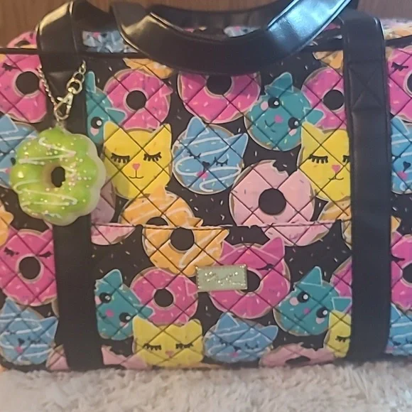 Betsey Johnson Weekender Bag: Donut+ Cat Design with Black Background. - Picture 3 of 12